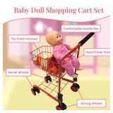 The New York Doll Collection Toy Shopping Cart for Kids and Toddler - Includes Food - Folds for Easy Storage - with Sturdy Metal Frame (Red)