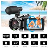 Weochi Video Camera Camcorder 4K 48MP 30FPS YouTube Camera with Wireless Lavalier Mic & External Mic for Vlogging, Ultra HD 3 Screen 18X Digital Zoom Vlogging Video Recorder Camera with 32GB SD Ca