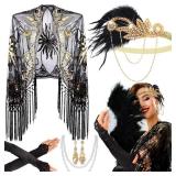 5 Pcs 1920s Accessories Set Flapper Feather Headband Pearl Necklace Earrings Gloves Fringed Evening Cape Scarf for Women(Elegant Style)