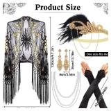 5 Pcs 1920s Accessories Set Flapper Feather Headband Pearl Necklace Earrings Gloves Fringed Evening Cape Scarf for Women(Elegant Style)