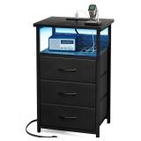 Fixwal Night Stand with Charging Station, LED Nightstand with U-S-B Ports and Outlets, 3 Fabric Storage Drawers with PU Finish, Bedside Table, Black