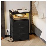 Fixwal Night Stand with Charging Station, LED Nightstand with U-S-B Ports and Outlets, 3 Fabric Storage Drawers with PU Finish, Bedside Table, Black