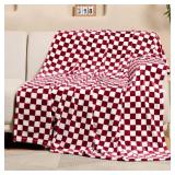FY FIBER HOUSE Checkered Flannel Fleece Throw Blanket Soft Cozy Checkerboard Grid Print Chessboard Gingham Pattern Blankets for Bed Couch Sofa, 60\"x80\", Burgundy