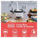 BLACK+DECKER 3-Cup Rice Cooker, RC503, 1.5-cup Uncooked Rice, Steaming Basket, Removable Non-Stick Bowl, One Touch, White