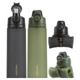 TakeToday Collapsible Water Bottles 21oz 2 Pack, Leak Proof, BPA-Free, Foldable Silicone Travel Water Bottle with Straw Strap for Traveling, Outdoor (Black&Jungle)