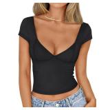 Trendy Queen Womens Summer V-Neck Backless Cute Tops Short Sleeve Sexy Slim Fit T-Shirts Y2K Clothes Corset Cami 2025 Black S