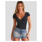 Trendy Queen Womens Summer V-Neck Backless Cute Tops Short Sleeve Sexy Slim Fit T-Shirts Y2K Clothes Corset Cami 2025 Black S