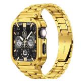 MioHHR Stainless Steel Watch Band with Case Compatible with Apple Watch Series 6 5 4 SE3/2/1(44mm) Series 3/2/1(42mm),Rugged Strap with Metal Protective Bumper Cover for iWatch Band Men(Gold)