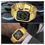 MioHHR Stainless Steel Watch Band with Case Compatible with Apple Watch Series 6 5 4 SE3/2/1(44mm) Series 3/2/1(42mm),Rugged Strap with Metal Protective Bumper Cover for iWatch Band Men(Gold)