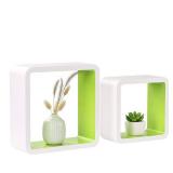 Homewell Set of 2 Cube Floating Shelves, Wood Wall Shelves for Home Decoration, Storage Display Rack, White+Green.