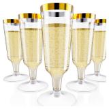 JOLLY CHEF 50 Pack Plastic Champagne Flutes Disposable 5 oz Gold Rim Plastic Champagne Glasses for Wedding, Thanksgiving Day, Christmas