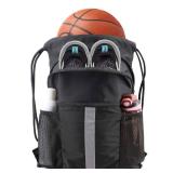 BeeGreen Drawstring Backpack Bag with Shoe Compartment, X-Large Black Gym Sports String Cinch Backpack, Athletic Sackpack with Front Inside Zipper Pockets