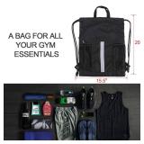 BeeGreen Drawstring Backpack Bag with Shoe Compartment, X-Large Black Gym Sports String Cinch Backpack, Athletic Sackpack with Front Inside Zipper Pockets
