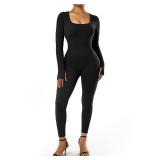 SUUKSESS Women Ribbed Stretchy One Piece Jumpsuits Yoga Long Sleeve Workout Jumpsuits (Black,S)