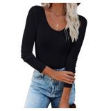 Areecin Womens Scoop Neck Long Sleeve Shirts Stretch Slim Fitted T-Shirts Ribbed Knit Blouses Casual Basic Tops Black S