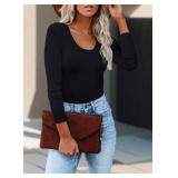 Areecin Womens Scoop Neck Long Sleeve Shirts Stretch Slim Fitted T-Shirts Ribbed Knit Blouses Casual Basic Tops Black S