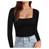 MANGOPOP Womens Long Sleeve Square Neck T Shirts Tops Fitted Tees(Black, XX-Large)