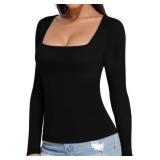 MANGOPOP Womens Long Sleeve Square Neck T Shirts Tops Fitted Tees(Black, XX-Large)