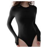 PUMIEY Long Sleeve Bodysuit Sexy Body Suits Women Clothing Crew Neck Tops Jet Black Small