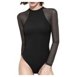PUMIEY Long Sleeve Bodysuit for Women, Jet Black, Medium