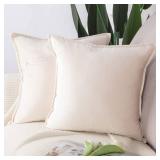 MADIZZ Set of 2 Super Soft Velvet Decorative Throw Pillow Covers 18x18 inch Beige Square with Fringe Luxury Style Cushion Case Pillow Shell for Sofa Bedroom