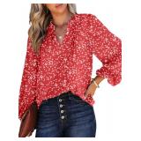 Dokotoo Womens Work Business Chiffon Blouses and Tops Loose Fit Dressy Alicia Floral Print V Neck Smocked Long Sleeve Shirts for Women Office Boho Top Trendy Red Large