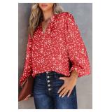 Dokotoo Womens Work Business Chiffon Blouses and Tops Loose Fit Dressy Alicia Floral Print V Neck Smocked Long Sleeve Shirts for Women Office Boho Top Trendy Red Large