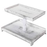 Yalikop Farmhouse Tiered Tray Stand - Wooden Rustic 2 Tier Rectangular Tray Serving Stand for House Kitchen Cake(White)