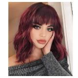Ucubb Short Bob Wig with Bangs for Women Wine Red Wigs Synthetic Curly Wavy Hair Wigs Natural Looking Heat Resistant Fiber Hair for Women