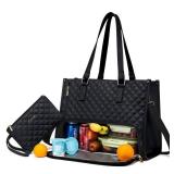 LOVEVOOK Lunch Tote Bag for Women, 15.6 Inch Laptop Bag with Insulated Lunch Compartment, Quilted Large Capacity Computer Handbag with Purse for Business, Work, Nurse, Office, Collage, Casual, Black