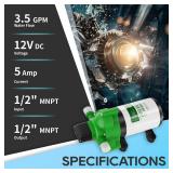 RVGUARD 12V DC Self Priming Water Pump, 3.5 GPM 45 PSI, Green Plastic Diaphragm Pump with Strainer Filter, Adapters, for RV, Yacht, Garden, Camper