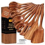 Wooden Spoons for Cooking, 6pcs Teak Wood Cookware Utensil Set with Hooks - Smooth Finish, Non-Stick, Comfortable Grip, Heat Resistant Kitchen Utensils