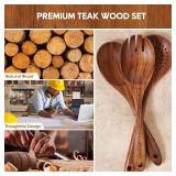 Wooden Spoons for Cooking, 6pcs Teak Wood Cookware Utensil Set with Hooks - Smooth Finish, Non-Stick, Comfortable Grip, Heat Resistant Kitchen Utensils