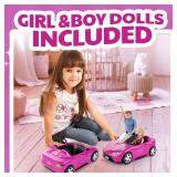 Liberty Imports Doll-Sized Convertible Car for Dolls 2-Seater Pink Vehicle with Rolling Wheels, Seat Belts w/ Two 11.5 Dolls Included