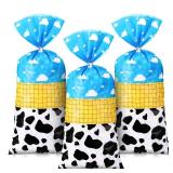 Dispowreath Cartoon Toy Theme Gift Bags Goodie Candy Treat Cellophane Bags, Party Favor Supplies Blue Sky White Cloud Cow with Twist Ties for Cowboy Cowgirl Birthday Party