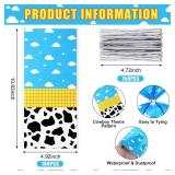 Dispowreath 100 Pcs Cartoon Toy Theme Gift Bags Goodie Candy Treat Cellophane Bags, Party Favor Supplies Blue Sky White Cloud Cow with 150 Pcs Twist Ties for Cowboy Cowgirl Birthday Party