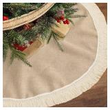ORTIGIA 36 Inch Christmas Tree Skirt Linen Burlap with Tassels Fringe Trim Farmhouse Rustic Christmas Tree Skirt Collar Decorations for Xmas Winter Home Holiday Indoor Outdoor Seasonal Decors