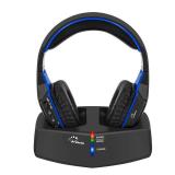 WallarGe Wireless Headphones for TV Watching with RF Transmitter Charging Dock, Plug and Play, 100 Ft Wireless Range, Rechargeable 20 Hour Battery (Black with Blue)