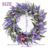 Jusdreen 20 Inch LED Lavender Wreath with Butterflies, Floral Decor for Front Door, Farmhouse Wedding, Spring Summer and Christmas Holiday Decorations