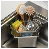 Corner Sink Organizer, Silver Stainless Steel Sponge Holder with Towel Bar, Self-Adhesive Kitchen Storage Rack, 6.3x6.3x3.2 Inches