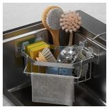 Corner Sink Organizer, Silver Stainless Steel Sponge Holder with Towel Bar, Self-Adhesive Kitchen Storage Rack, 6.3x6.3x3.2 Inches