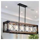 Farmhouse Kitchen Island Lighting, 5-Light Rustic Wooden Rectangle Chandelier