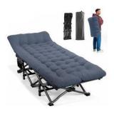 Folding Camping Cot with Mattress and Carrying Bag (Black with Blue Matress Pad)