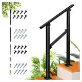 2 Step Handrail for Outdoor Step,Metal Porch Stair Railing 2 Steps Handrails Black Wrought Iron Handrail kit for Concrete, Porch Steps