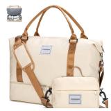 WOOMADA Weekender Overnight Bag for Women, Shoulder Travel Duffel with Shoes Compartment,Gym Bag with Toiletry Bag Large Size(beigeandbrown)