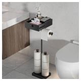 VOLDRA Toilet Paper Holder Stand with Shelf, Free Standing Black Toilet Paper Roll Holder with Wipes Storage Drawer Heavy Duty Floor Bathroom Tissue Holder Freestanding No Drill Tp Holder for 7 Rolls