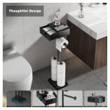 VOLDRA Toilet Paper Holder Stand with Shelf, Free Standing Black Toilet Paper Roll Holder with Wipes Storage Drawer Heavy Duty Floor Bathroom Tissue Holder Freestanding No Drill Tp Holder for 7 Rolls