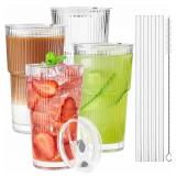 TUZAZO 20 Oz Glass Tumblers with Lids and Straws - 4 Pack Ribbed Glass Iced Coffee Cup with Straw and Lid, Thicken Glasses, Ideal for Smoothieds, Cocktails, and Juices