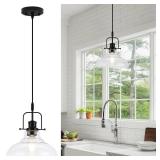 WILON Farmhouse Pendant Lights Kitchen Island Lighting, Black Pendant Light Over The Sink, Vintage Clear Glass Pendant Light, Industrial Hanging Light Fixture for Dining Room Over Table Bar Foyer