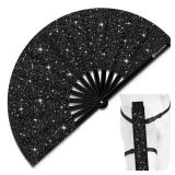 Raveahem Glitter Large Rave Folding Clack Hand Fan with Holster, Boots on the Ground Popping Handheld Fan Foldable for Men Women for EDM Festival Club Party Dance, (Black, Large 13\)in